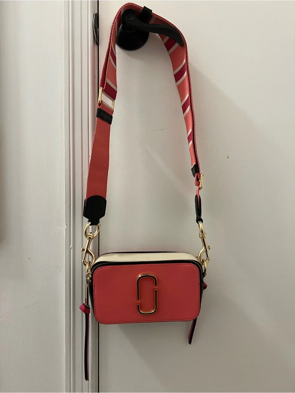 Marc Jacobs Coral-Pink Crossbody Camera Bag with Striped Strap